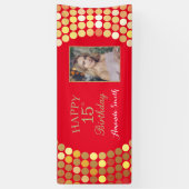 ハッピー15誕生日バナーレッド&金ゴールド写真 横断幕 (縦)