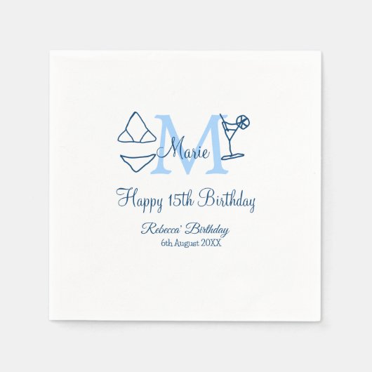 ハッピー15誕生日ブルー追加ネームmonogram bikini スタンダードカクテルナプキン (正面)