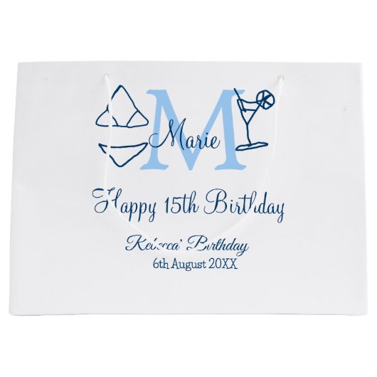 ハッピー15誕生日ブルー追加ネームmonogram bikini ラージペーパーバッグ (正面)