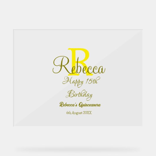 ハッピー15誕生日黄色の追加の名前monogram moder アクリルサイン (正面)