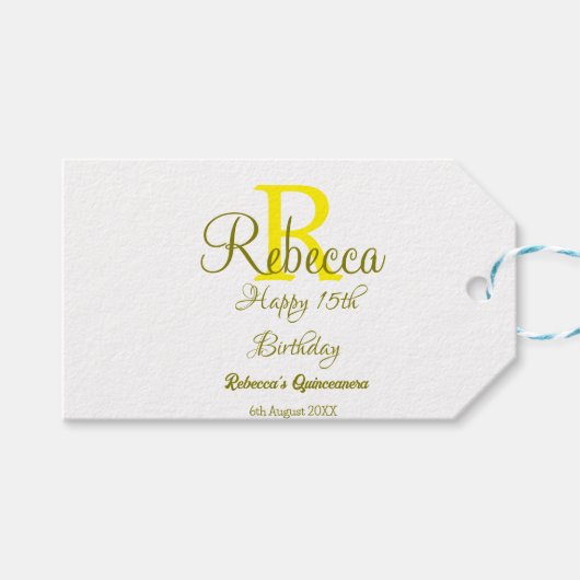 ハッピー15誕生日黄色の追加の名前monogram moder ギフトタグ (正面(横))