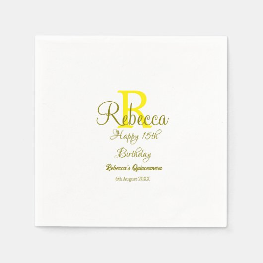 ハッピー15誕生日黄色の追加の名前monogram moder スタンダードカクテルナプキン (正面)