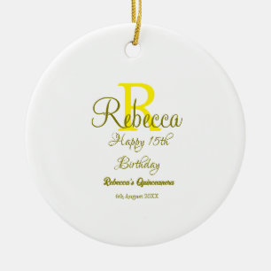ハッピー15誕生日黄色の追加の名前monogram moder セラミックオーナメント