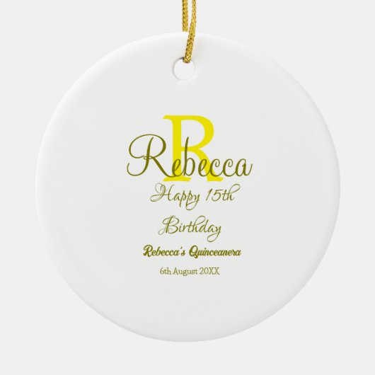 ハッピー15誕生日黄色の追加の名前monogram moder セラミックオーナメント (正面)