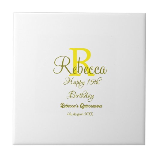ハッピー15誕生日黄色の追加の名前monogram moder タイル (正面)