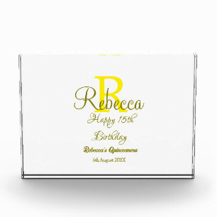 ハッピー15誕生日黄色の追加の名前monogram moder フォトブロック