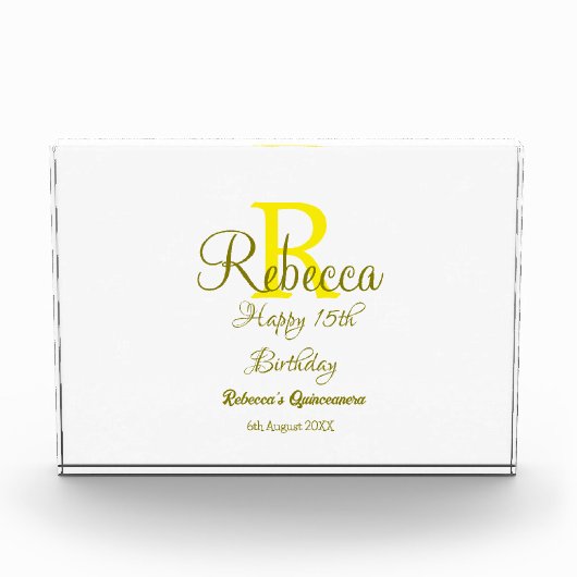 ハッピー15誕生日黄色の追加の名前monogram moder フォトブロック (正面)