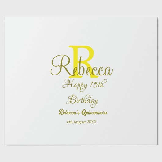 ハッピー15誕生日黄色の追加の名前monogram moder ラッピングペーパー (フラット)