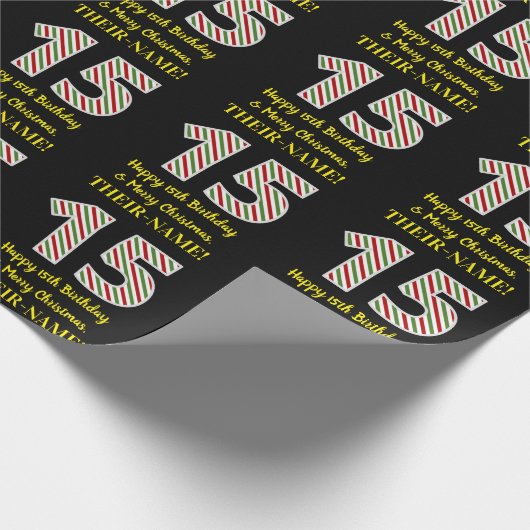 ハッピー15誕生日&メリークリスマス，名前をカスタムする ラッピングペーパー (角)