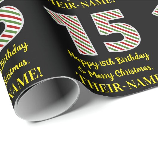 ハッピー15誕生日&メリークリスマス，名前をカスタムする ラッピングペーパー (ロールコーナー)