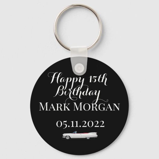 ハッピー15th誕生日の男の子パーティーの好意白黒 キーホルダー (正面)