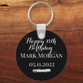 ハッピー15th誕生日の男の子パーティーの好意白黒 キーホルダー (正面)