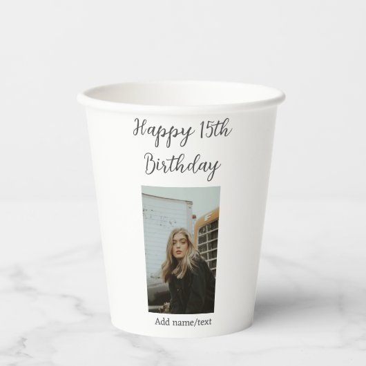 ハッピー15th誕生日を追加する名前フォト文字 モダン 紙コップ (正面)