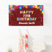 ハッピー15th誕生日バカラフルルーンバーガンディレッド 横断幕 (インサイチュ)