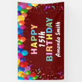 ハッピー15th誕生日バカラフルルーンバーガンディレッド 横断幕 (縦)