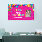 ハッピー15th誕生日バカラフルルーンホットピンク 横断幕 (トレードショー)
