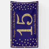 ハッピー15th誕生日バナーネービーブルー金ゴールドグリッター 横断幕 (縦)