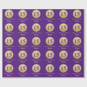 ハッピー15th誕生日パープル&金ゴールドグリッター ラッピングペーパー (フラット)