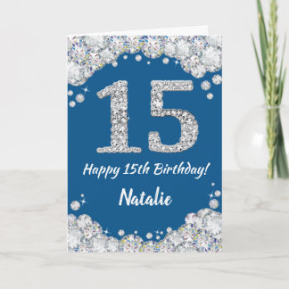 ハッピー15th誕生日ブルーアンドシルバーグリッターカード カード
