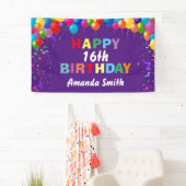 ハッピー16誕生日カラフルバルーン紫 横断幕 (インサイチュ)
