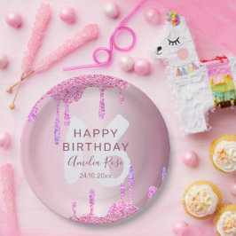 ハッピー16誕生日グリッタードリップピンクメタリック ペーパープレート