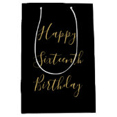 ハッピー16誕生日ゴールデンイエローカスタムエージブラック ミディアムペーパーバッグ (正面)