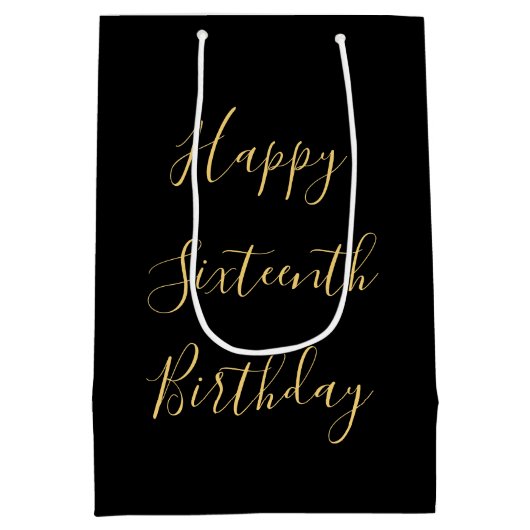 ハッピー16誕生日ゴールデンイエローカスタムエージブラック ミディアムペーパーバッグ (裏面)