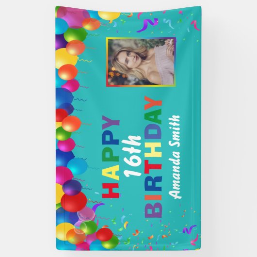 ハッピー16誕生日バカラフルルーンティール(緑がかった色) 横断幕 (縦)