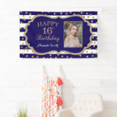 ハッピー16誕生日バナーネイビーブルー金ゴールド写真 横断幕 (インサイチュ)