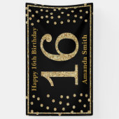 ハッピー16誕生日バナーブラックアンド金ゴールドグリッター 横断幕 (縦)