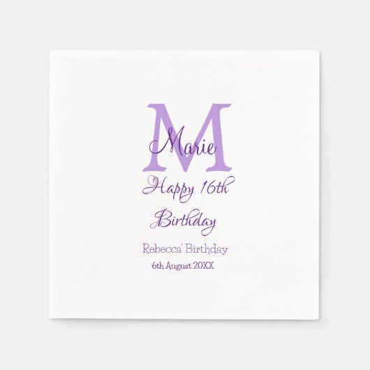 ハッピー16誕生日パープル追加の名前monogram moder スタンダードカクテルナプキン (正面)
