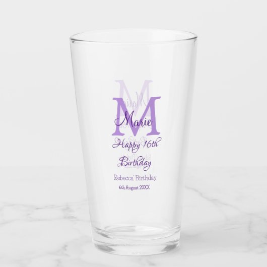 ハッピー16誕生日パープル追加の名前monogram moder タンブラーグラス (正面)