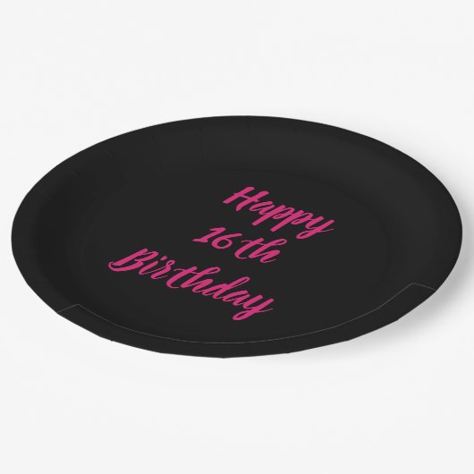 ハッピー16誕生日ピンクブラックカスタムカラー2023 ペーパープレート (アングル)