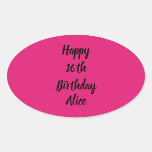 ハッピー16誕生日ピンクブラック名前をカスタムする ガーリー 楕円形シール