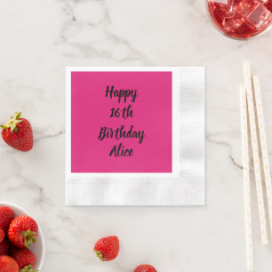 ハッピー16誕生日ピンクブラック名前をカスタムする ガーリー 縁ありカクテルナプキン