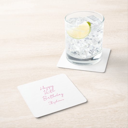 ハッピー16誕生日ピンクホワイト16 2024 スクエアペーパーコースター (インサイチュ)