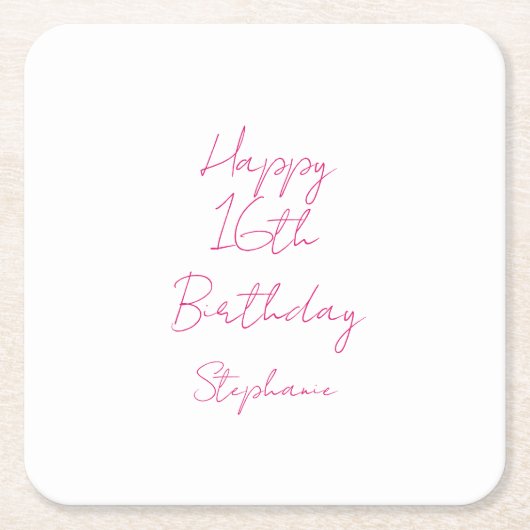 ハッピー16誕生日ピンクホワイト16 2024 スクエアペーパーコースター (正面)