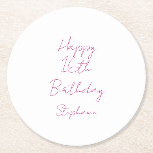 ハッピー16誕生日ピンクホワイト16 2024 ラウンドペーパーコースター (正面)
