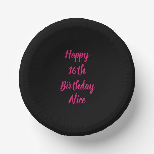 ハッピー16誕生日ピンク黒カスタム色の名前 ペーパーボウル (正面)