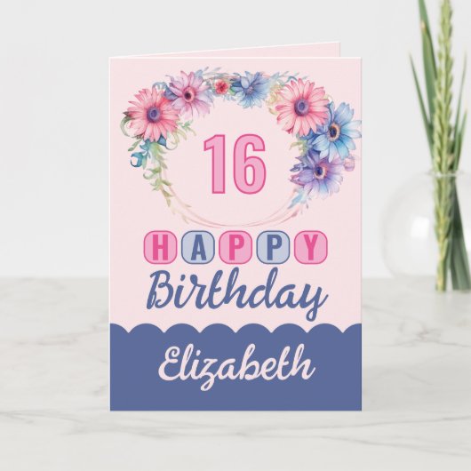 ハッピー16誕生日名フローラピンク カード (正面)