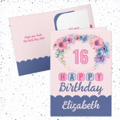 ハッピー16誕生日名フローラピンク カード
