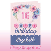 ハッピー16誕生日名フローラピンク カード