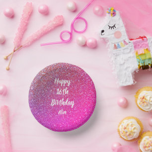 ハッピー16th誕生日ネームピンクローズ金ゴールドグリッター ペーパーボウル
