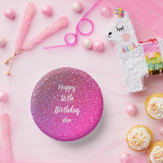 ハッピー16th誕生日ネームピンクローズ金ゴールドグリッター ペーパーボウル (パーティー)