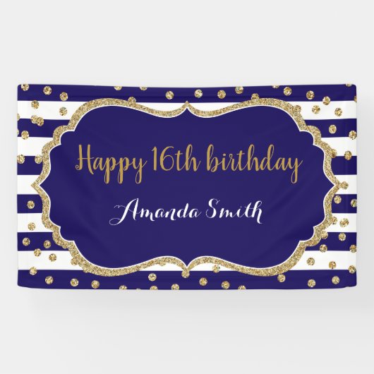 ハッピー16th誕生日バナーネービーブルー金ゴールドグリッター 横断幕 (横)