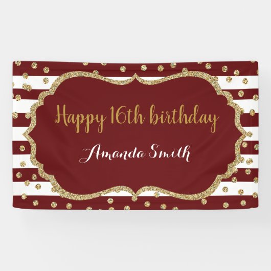 ハッピー16th誕生日バナーブルゴーニュ金ゴールドグリッター 横断幕 (横)