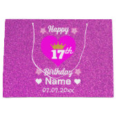 ハッピー17誕生日金ゴールドクラウンピンクグリッターカスタム ラージペーパーバッグ (正面)