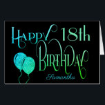 ハッピー18誕生日ネームグリーンアート文字ブラック カード<br><div class="desc">18スタイリッシュ歳の誕生日の挨拶のデザイン。ハッピーバースデーはアートティール（緑がかった色）と緑のスクリプト文字で設定され、年齢は黒の背景に受信者の名前と一緒にコーディネートされた書体で表示される。メッセージ内を自分の言葉に変更し、正面の年齢と名前を簡単にカスタマイズできる。グリッターフェイクの緑の風船がフロントに完璧な仕上げtouchを追加！</div>