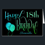 ハッピー18誕生日ネームグリーンアート文字ブラック カード<br><div class="desc">18スタイリッシュ歳の誕生日の挨拶のデザイン。ハッピーバースデーはアートティール（緑がかった色）と緑のスクリプト文字で設定され、年齢は黒の背景に受信者の名前と一緒にコーディネートされた書体で表示される。メッセージ内を自分の言葉に変更し、正面の年齢と名前を簡単にカスタマイズできる。グリッターフェイクの緑の風船がフロントに完璧な仕上げtouchを追加！</div>