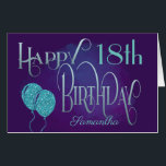 ハッピー18誕生日パープル装飾文字 カード<br><div class="desc">18歳の誕生日の挨拶のための神秘的な雰囲気を持つ華やかなデザイン。ハッピーバースデーはティール(緑がかった色)ブルーの装飾台本文字にセットされ、年齢は受領者名と共に紫色の色合いの背景にコーディネートされた書体で表示される。メッセージ内を自分の言葉に変更し、正面の年齢と名前を簡単にカスタマイズできる。スパークルフェイクティール(緑がかった色)バルーン前面に完璧な仕上げtouchを追加!</div>